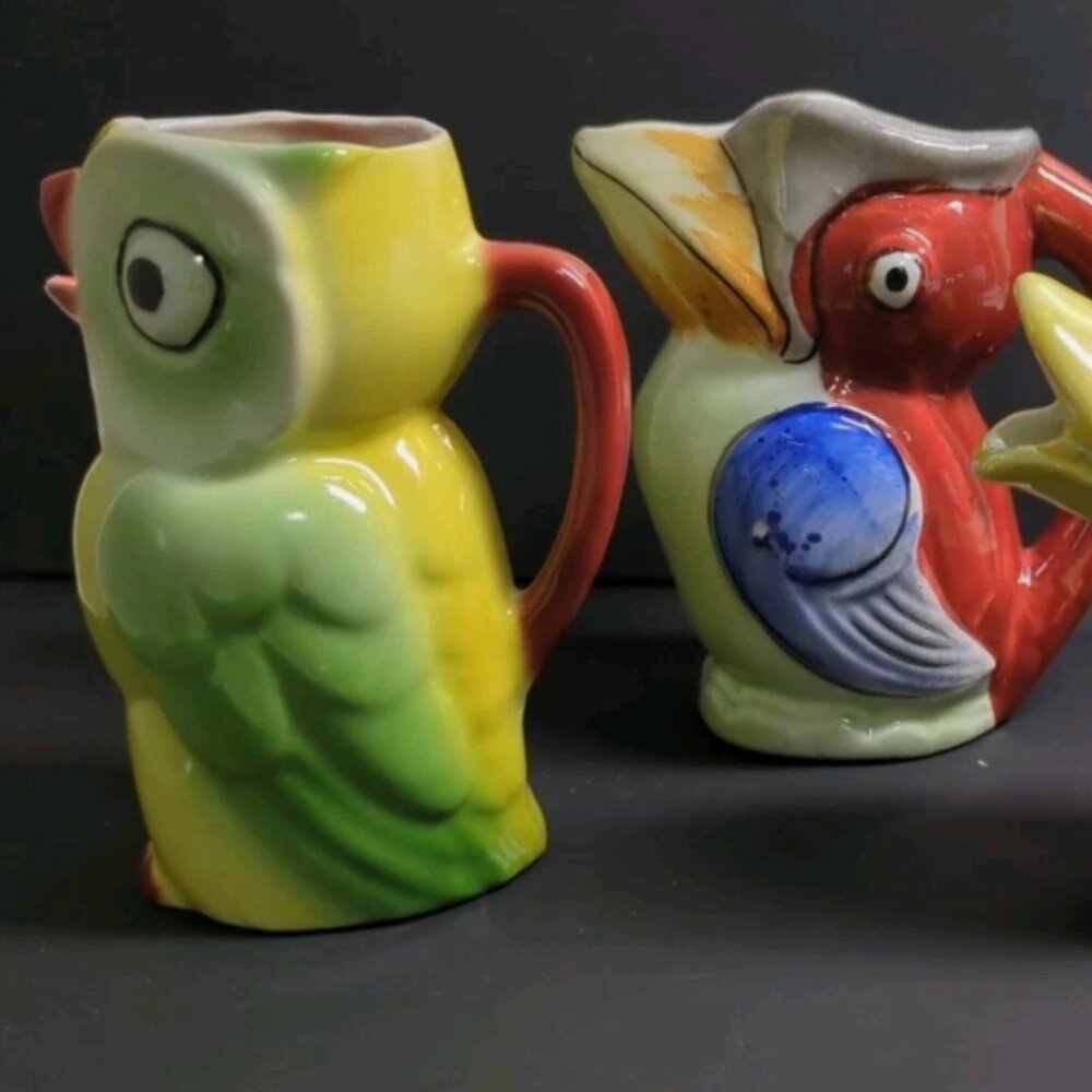 Vtg Japan & Germany Lusterware Hand Painted Bird Creamers/Pitchers Set of 3, EUC